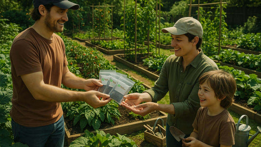 Two neighbors exchange Survival Essentials heirloom seed packets in a sunny backyard garden with leafy vegetables, raised beds, and gardening tools nearby.