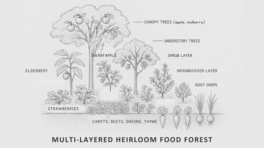 Survival Gardener’s Guide to Multi-Layered Heirloom Gardens pencil sketch illustration showing canopy trees, understory, shrubs, groundcovers, and root crops.