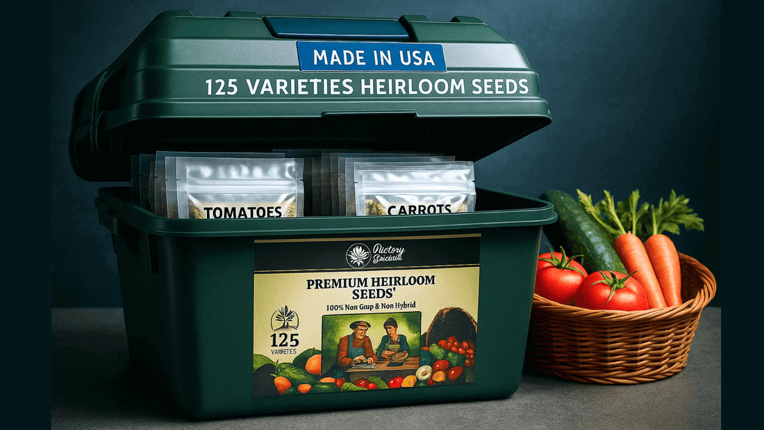 Survival seeds stored in Mylar bags inside a seed vault, lasting 10+ years