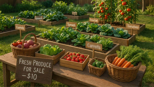 A table display with baskets of fresh vegetables and leafy greens, set against a lush garden background. A sign reads "Fresh Produce for Sale."