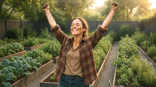 Woman in her 30s smiling and stretching in a lush backyard survival garden after planting, dirt on her face and hands, surrounded by raised beds of vegetables in soft morning light