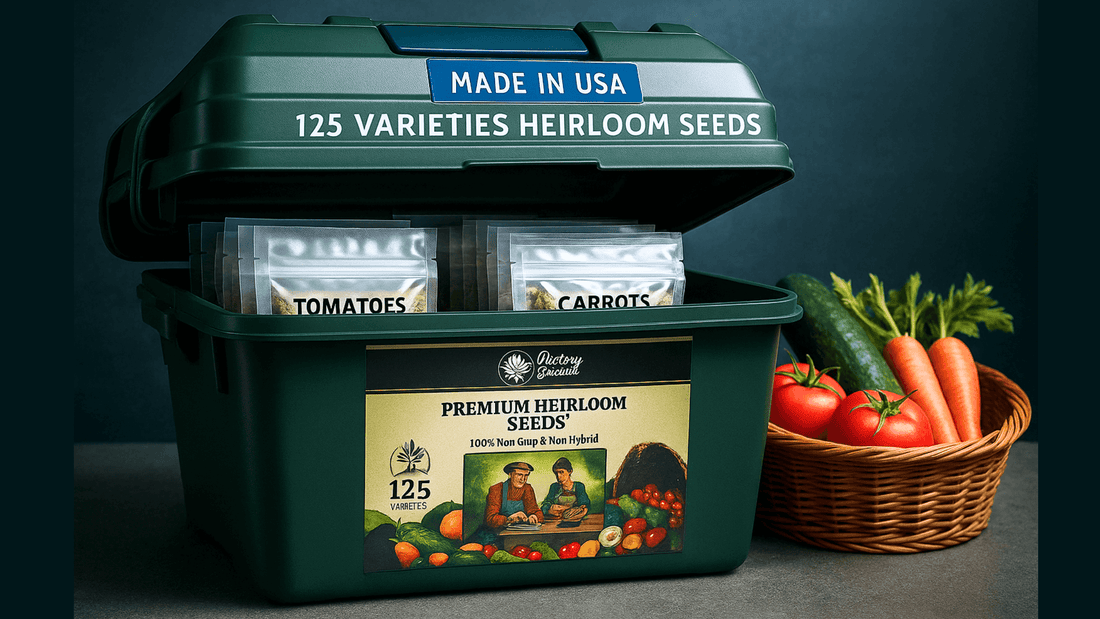 Seed vault with Survival Essentials heirloom seeds in Mylar bags beside vegetables, showing how long survival seeds last with proper storage.