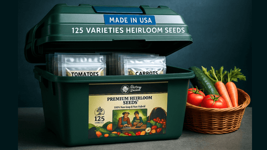 Seed vault with Survival Essentials heirloom seeds in Mylar bags beside vegetables, showing how long survival seeds last with proper storage.