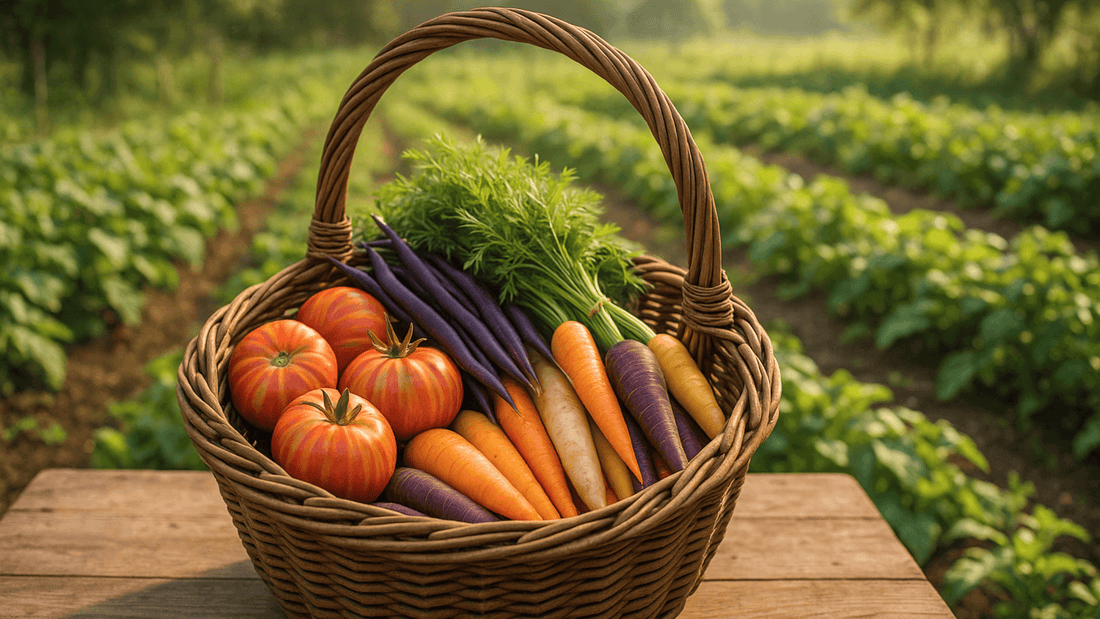 A basket full of fresh, bountiful vegetables