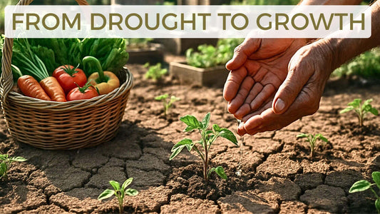 Hands watering a young tomato seedling, showing growth from drought conditions to healthy plant development