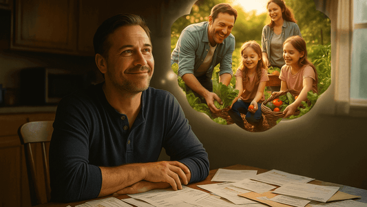 Job Loss Survival – man imagining his family growing a garden to keep food on the table