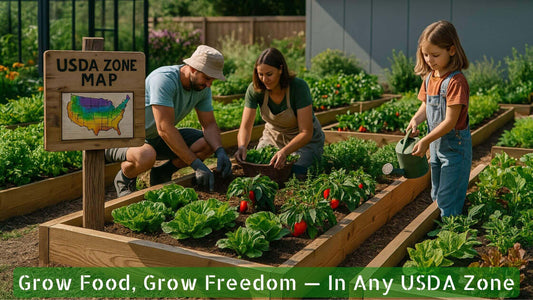 A family planting and harvesting vegetables together in their garden, with a wooden board displaying the USDA Zone Map.