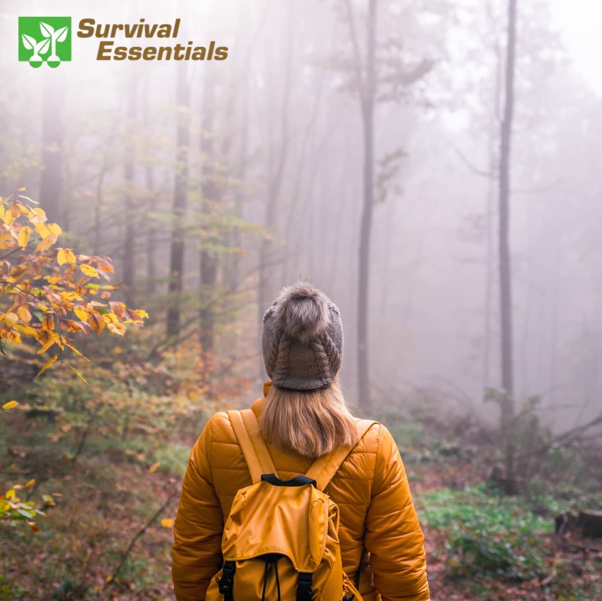 Woman standing in forest with Survival Essentials logo in the background, representing outdoor adventure and preparedness