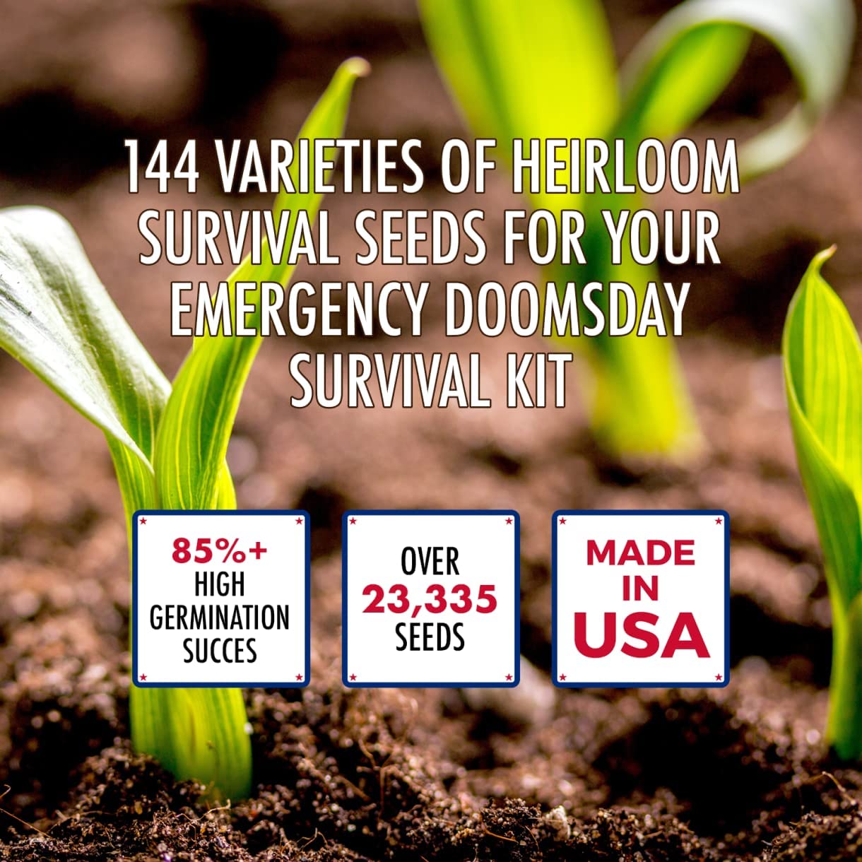 Image displaying 144 varieties of heirloom survival seeds for your emergency doomsday survival kit, showcasing diversity and preparedness