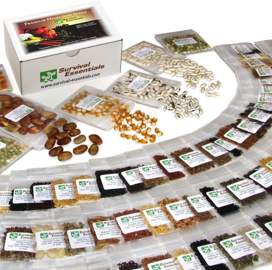 Image showcasing a variety of heirloom seeds for planting vegetables and fruits, offered by Survival Essentials, with 135 diverse varieties available
