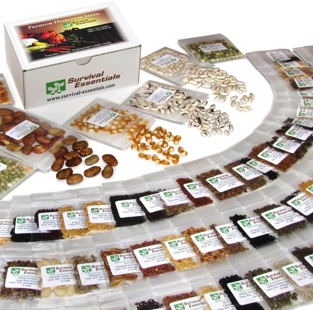 Image showcasing a variety of heirloom seeds for planting vegetables and fruits, offered by Survival Essentials, with 135 diverse varieties available