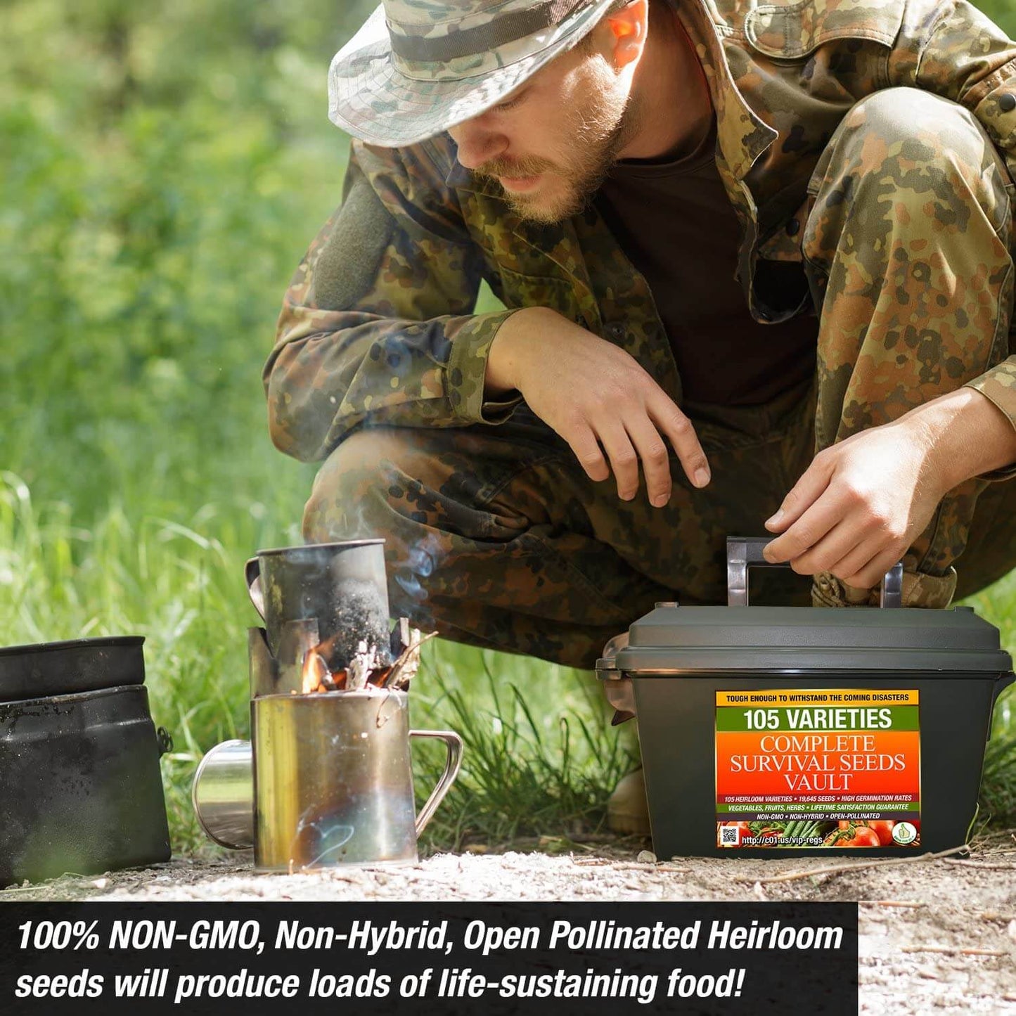 Man holind a seed vault of Non GMO, Non Hybrid, Open Pollinated Heirloom Seeds