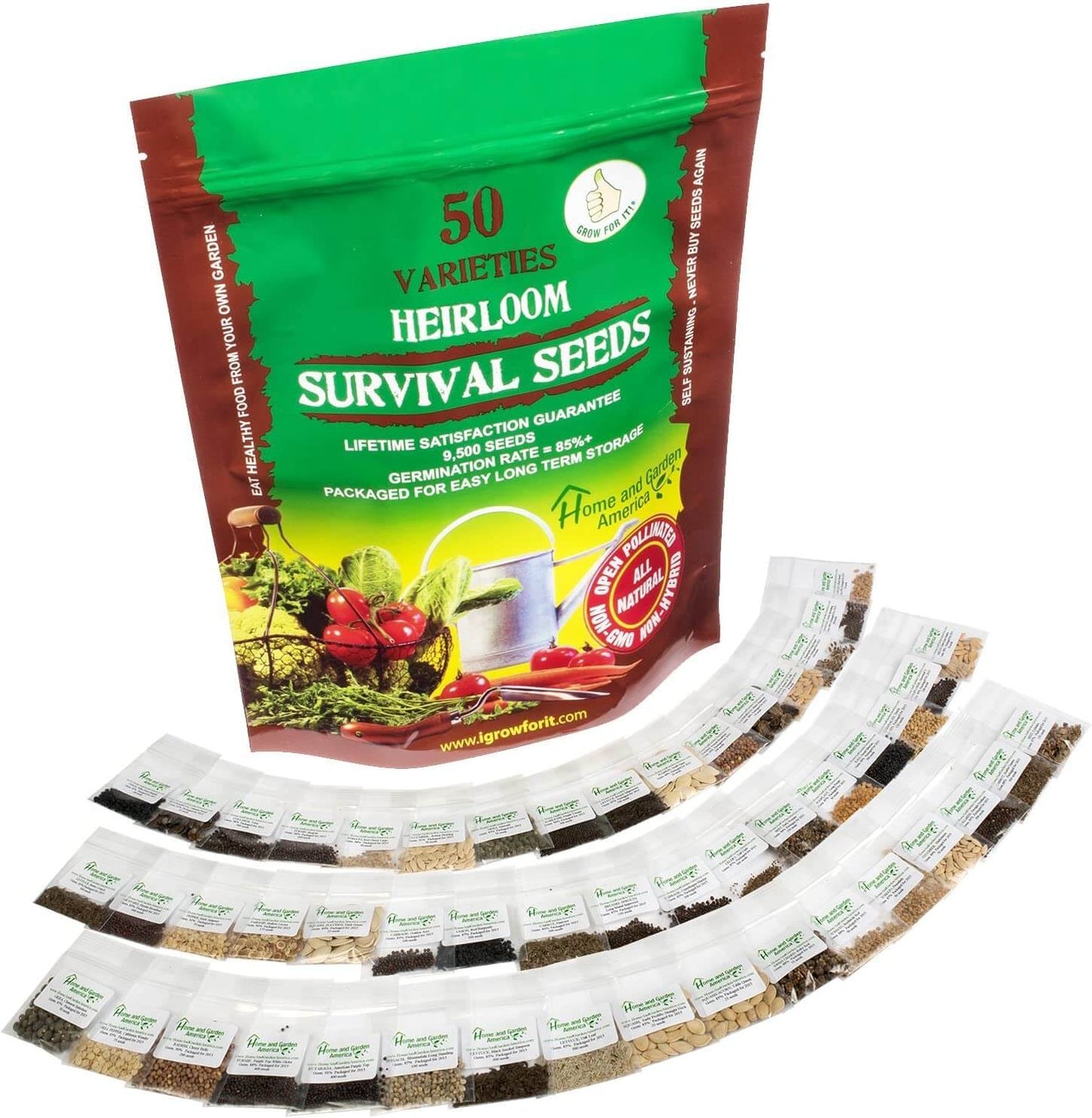 50 varieties of heirloom survival seeds in resealable packs, with seed packets displayed in front