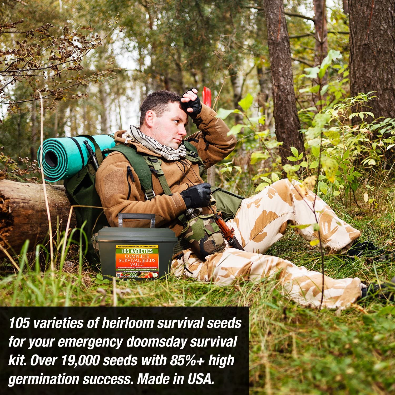 Man in the forest with 105 Varieties of heirloom survival seeds