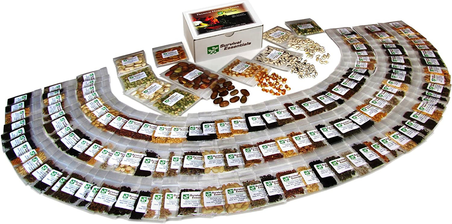 Image showcasing a variety of heirloom seeds for planting vegetables and fruits offered by Survival Essentials with 135 diverse varieties available