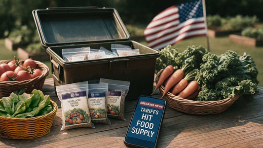 Table with a phone showing ‘Outsmart Tariffs and Food Inflation,’ a seed vault, and fresh vegetables
