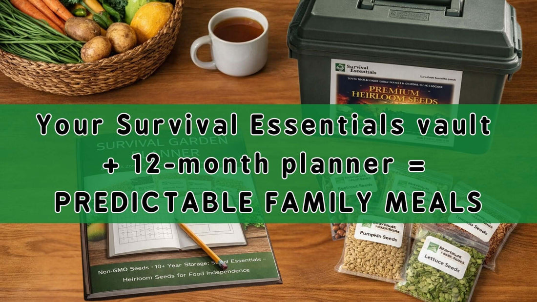 Survival garden planner with seed vault, seed packets, and basket of fresh vegetables on table