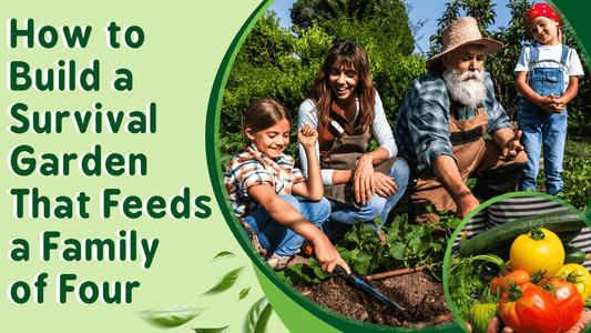 Family of four planting vegetables in their survival garden.