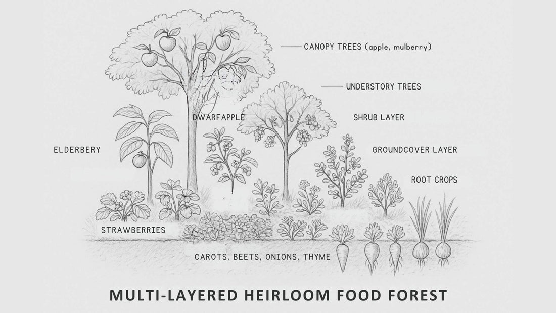 Survival Gardener’s Guide to Multi-Layered Heirloom Gardens pencil sketch illustration showing canopy trees, understory, shrubs, groundcovers, and root crops.