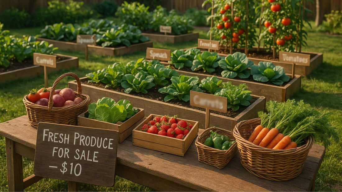 A table display with baskets of fresh vegetables and leafy greens, set against a lush garden background. A sign reads "Fresh Produce for Sale."