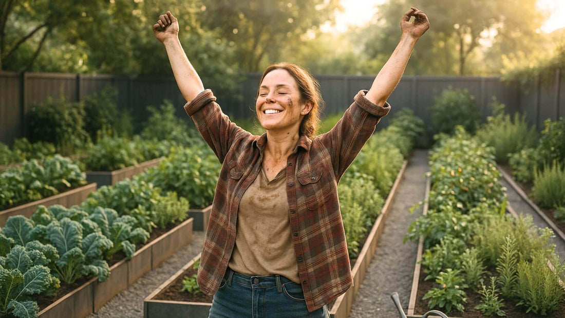 Woman in her 30s smiling and stretching in a lush backyard survival garden after planting, dirt on her face and hands, surrounded by raised beds of vegetables in soft morning light