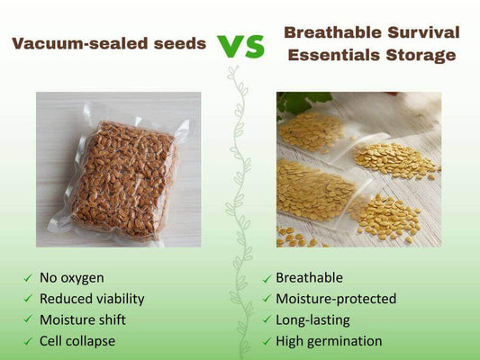 Why Vacuum Sealing Seeds Kills Them Faster — comparison of vacuum-sealed seeds vs Survival Essentials breathable storage.