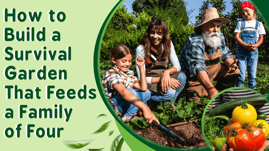 Family of four planting vegetables in their survival garden.