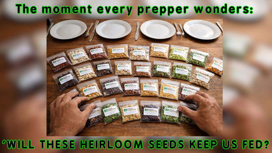 Two hands arranging heirloom seed packets showing how many seeds a family needs to be food secure