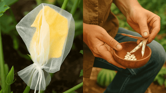 squash flowers with mesh bags and  gardener’s hands harvesting bean seeds 
