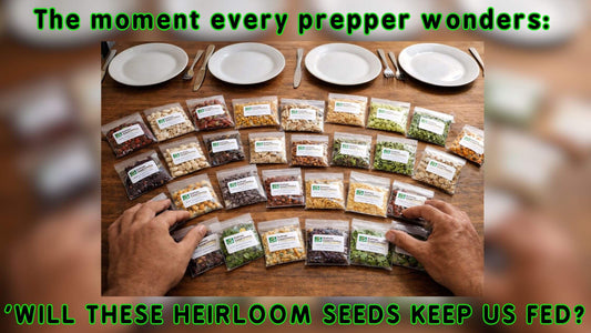 Two hands arranging heirloom seed packets on table set with four plates and cutlery