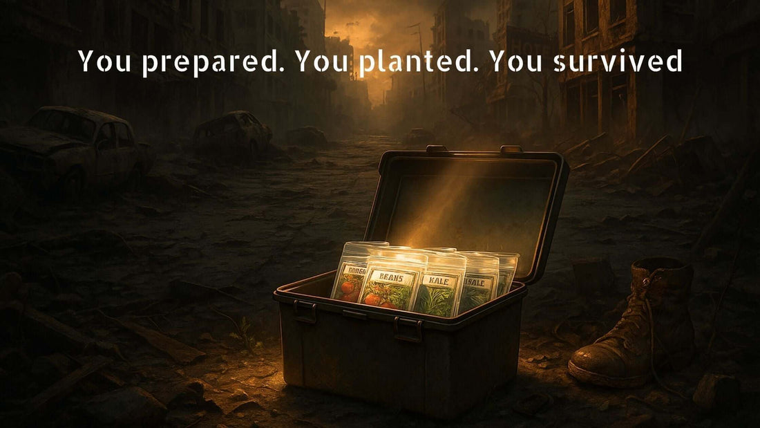 An open vault revealing survival seeds, with text: ‘You prepared, you planted, you survived