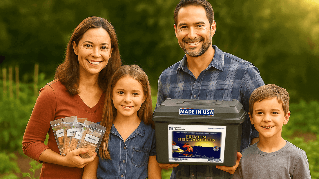 Family holding Survival Essentials heirloom seeds stored properly to prevent seed storage enemies