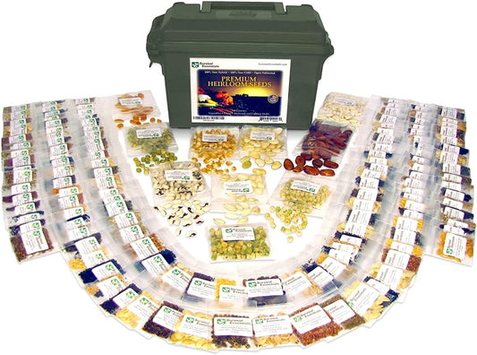 Survival Essentials Ultimate Heirloom Seed Vault, 144 Variety Packed in Superior Ammo Can, Over 23k Seeds for Planting Vegetables and Fruits, for Survival and Emergency Supply, Non-GMO, NO mRNA